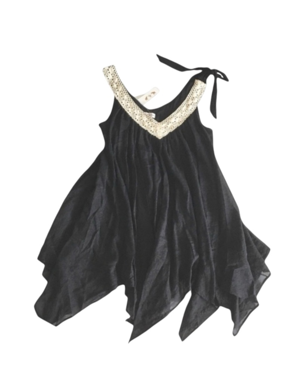 new Shay Todd ❁ Handkerchief Hem Crochet Shoulder Tie Dress Swim Cover ❁ Black L - Picture 4 of 15